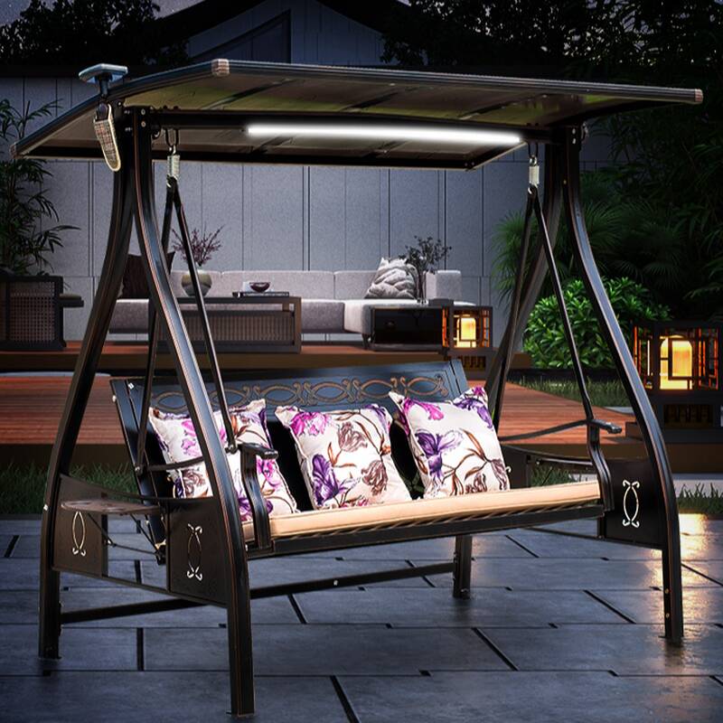 Dove Grey/Light Brown/Wood Grain Porch Swing with Stand for 3/4 People, Cane/Alloy Frame, Upholstered Cushions, Canopy and Stand Included