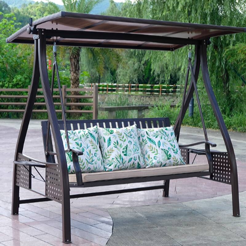 Aluminum Porch Swing with Stand for 2/3 People, Upholstered Cushions, and Canopy