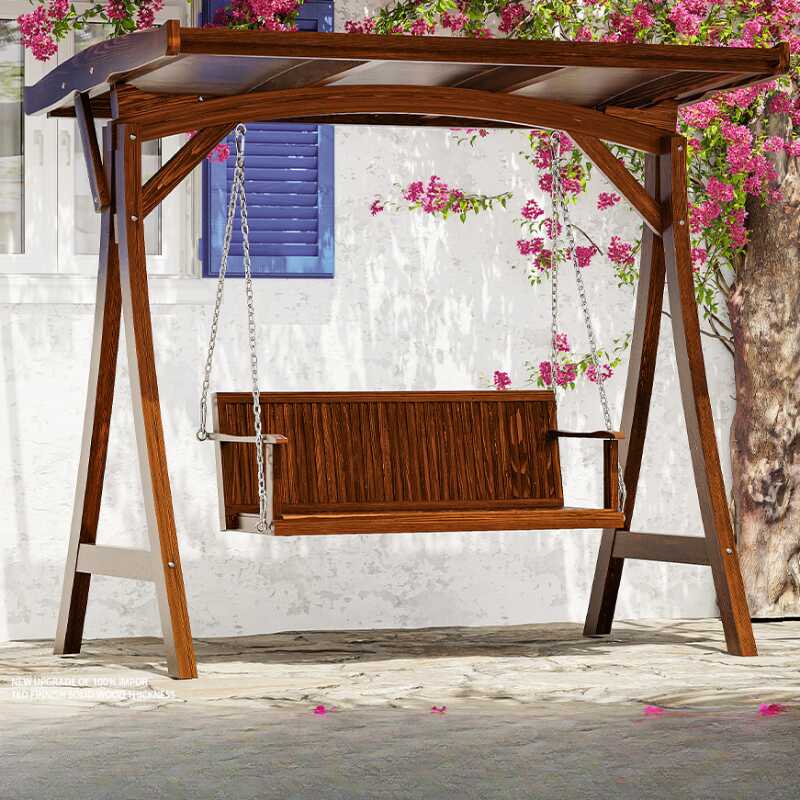 Azure/Sepia/Wood Grain Porch Swing with Stand for 2, Natural Wood Frame, Chain, Canopy, and Stand