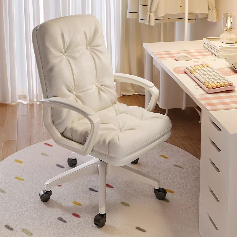 Upholstered Grey/Beige Office Desk Chairs with Armrest, Wheeled Tilt Available, Button-tufted Design, and Headrest