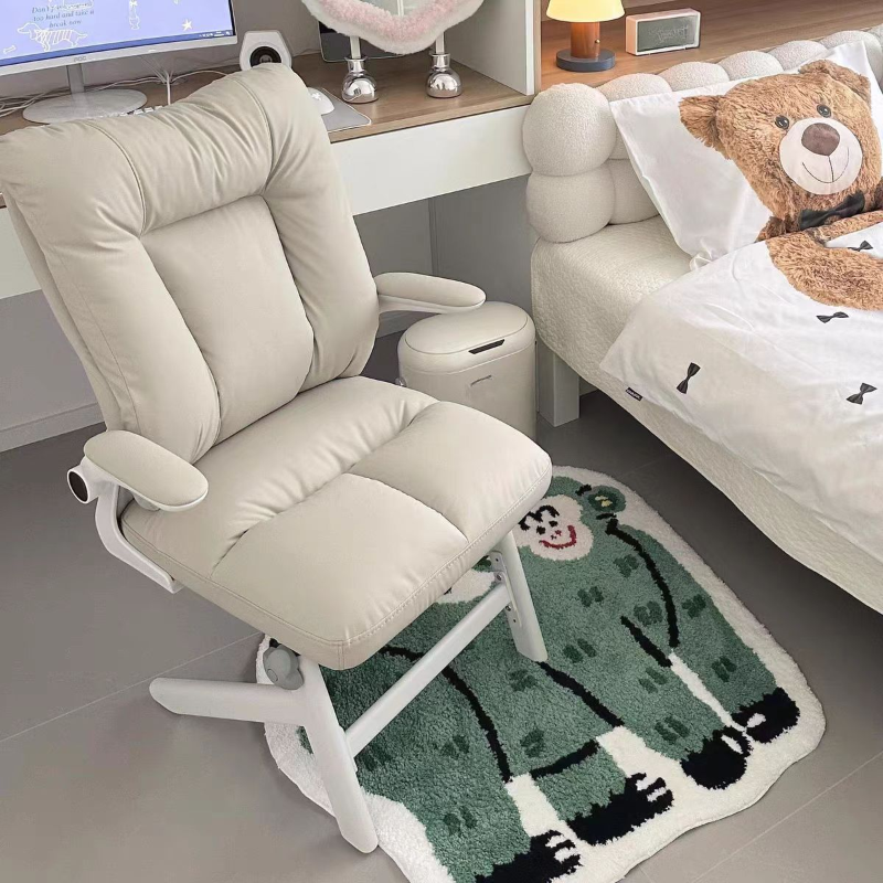 Modern Simple Style Light Gray/Beige Hideskin Office Desk Chairs with Armrest, Ergonomic Design, and Flip-Up Armrest