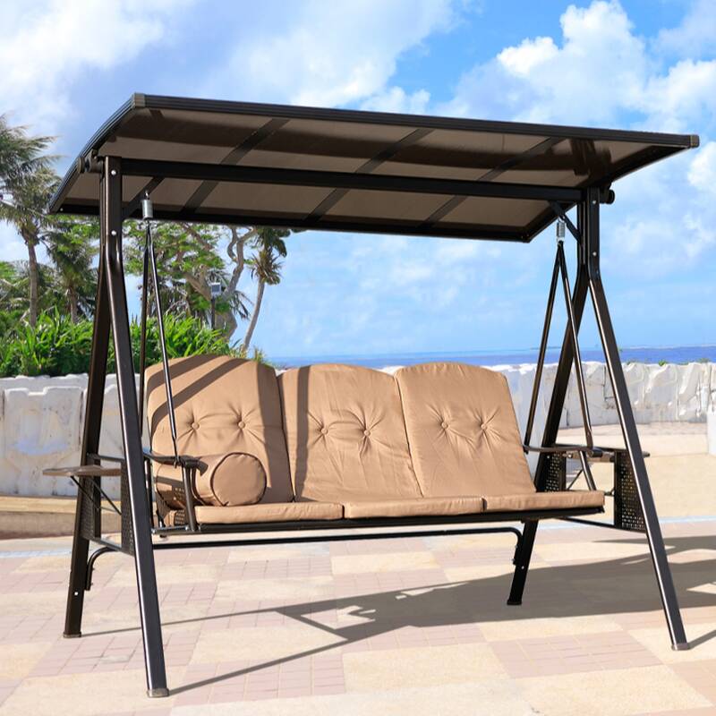 Porch Swing with Stand for 3/Seating for 2, Iron Frame, Upholstered Cushions, Canopy, and Stand