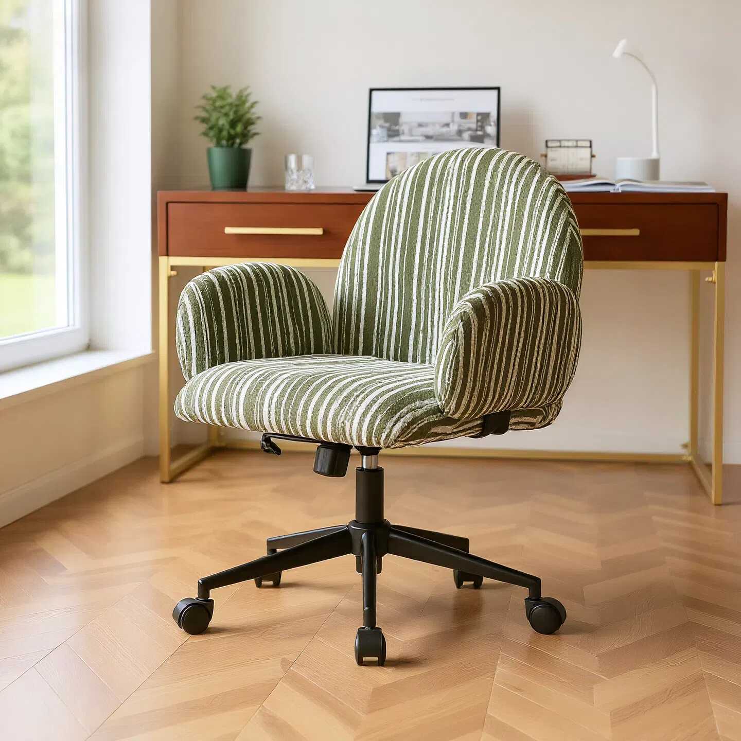 Modern Simple Style Ergonomic Upholstered Office Desk Chairs in Light Yellow/Light Green/Beige with Armrest and Wheeled Tilt Available