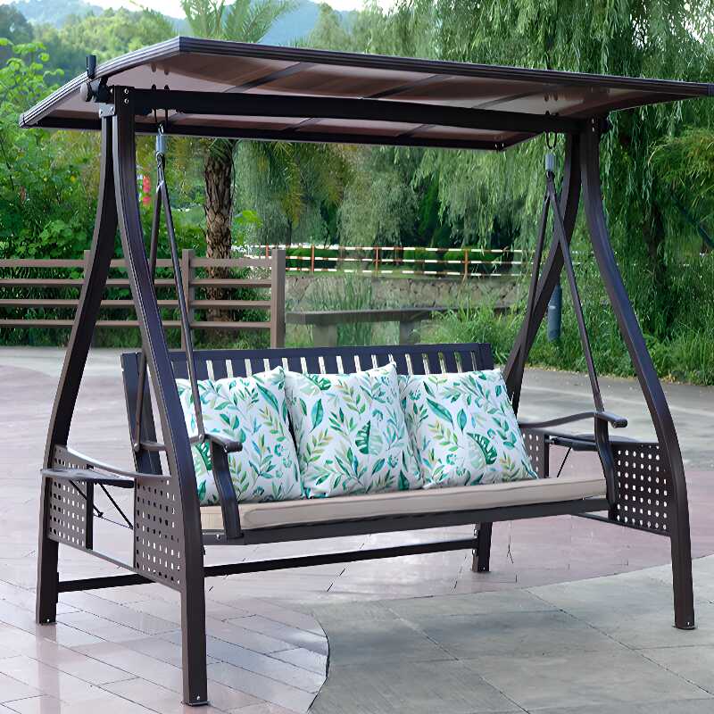 Porch Swing with Stand for 3/Seating for 2, Aluminum Frame, Upholstered Cushions, Canopy, and Stand