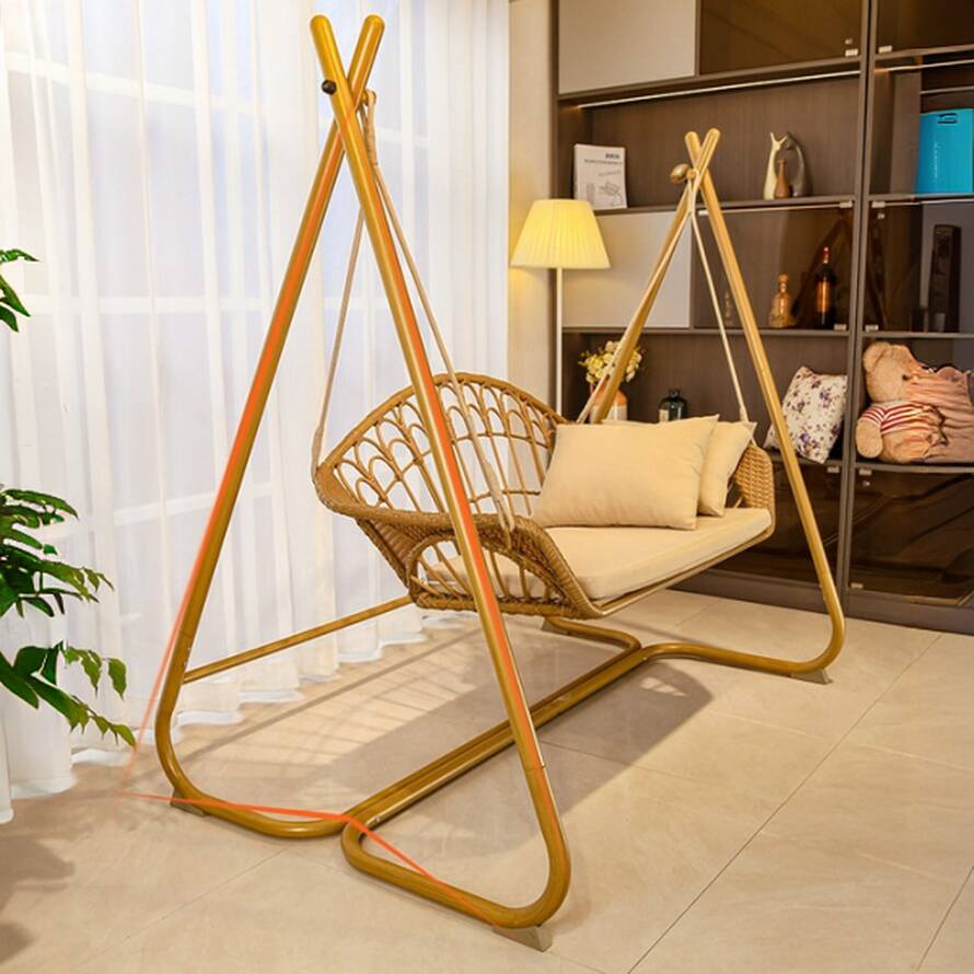 Wood Grain Alloy Porch Swing with Stand for 2, Upholstered Cushions and Stand Included
