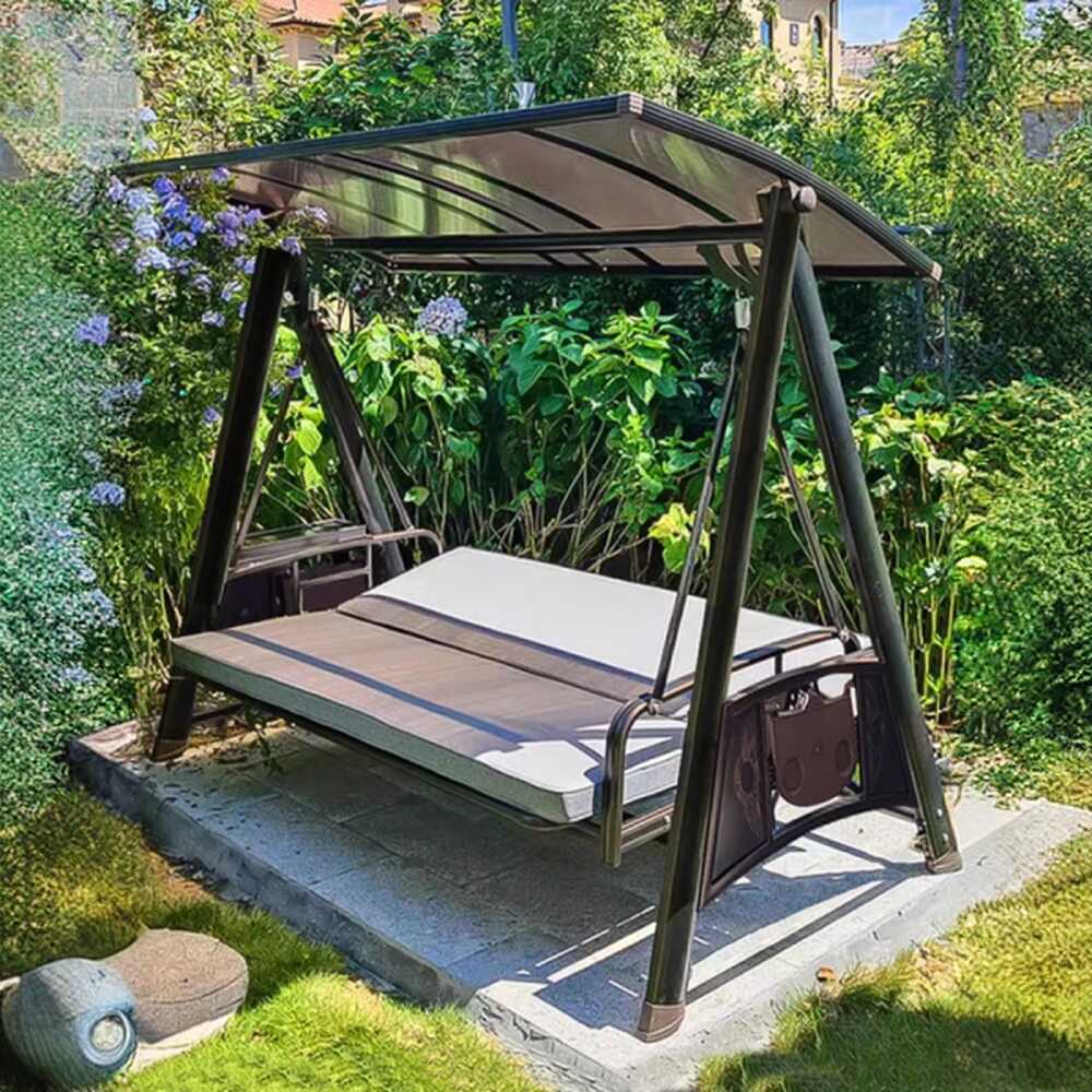 Sepia Aluminum Porch Swing with Stand for 4 People, Upholstered Cushions, Canopy and Stand Included