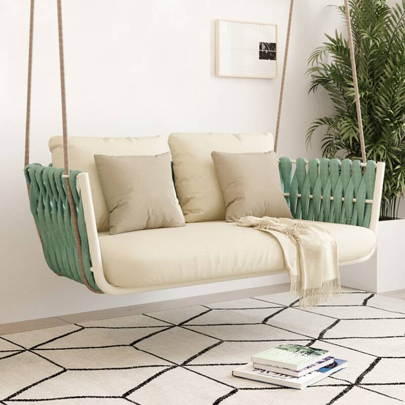 Simplistic Midnight Black/White Hanging Porch Swing, Alloy Frame, Upholstered Cushions