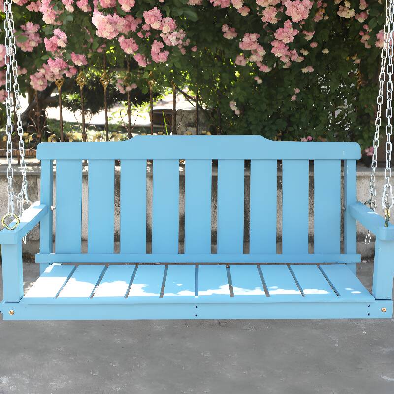 Light Blue/Light Brown/Lemon Colour Wood Hanging Porch Swing for 2, Upholstered Cushions, and Chain