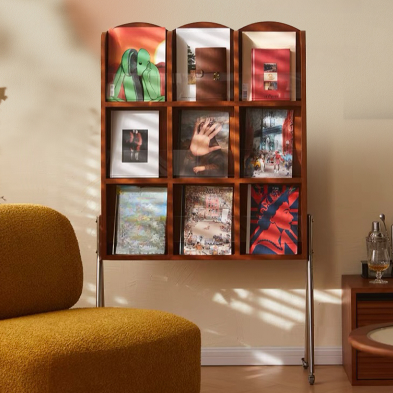 Art Deco Rubberwood Magazine Rack with Shelves and Divider, 15 in & Above Length, 10 in & Above Height, Standalone