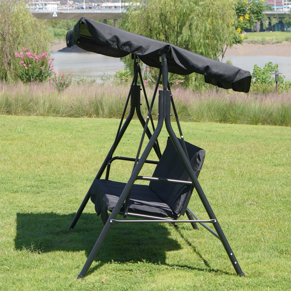 Aluminum Porch Swing with Stand for 3, Upholstered Cushions, Canopy, and Stand