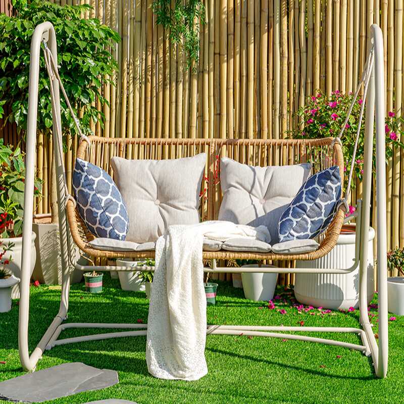 Tropical Alloy Porch Swing with Stand for 2, Upholstered Cushions, Chain, and Stand