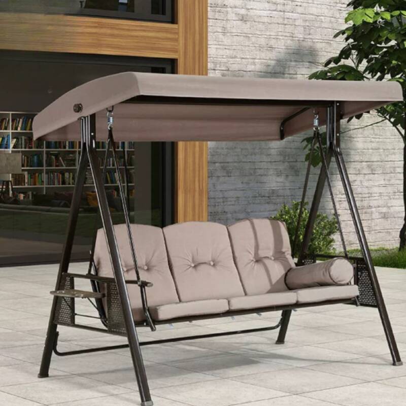 Aluminum Porch Swing with Stand Featuring Upholstered Cushions, Canopy, and Stand