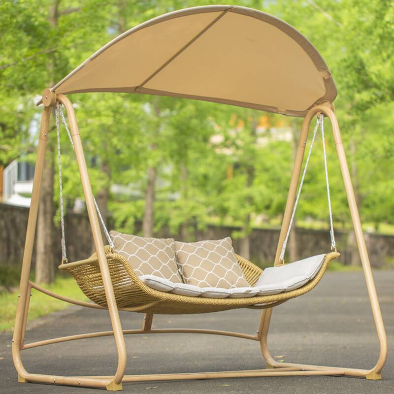 Tropical Beige/Wood Grain Porch Swing with Stand for 2, Alloy Frame, Upholstered Cushions, Chain and Stand Included
