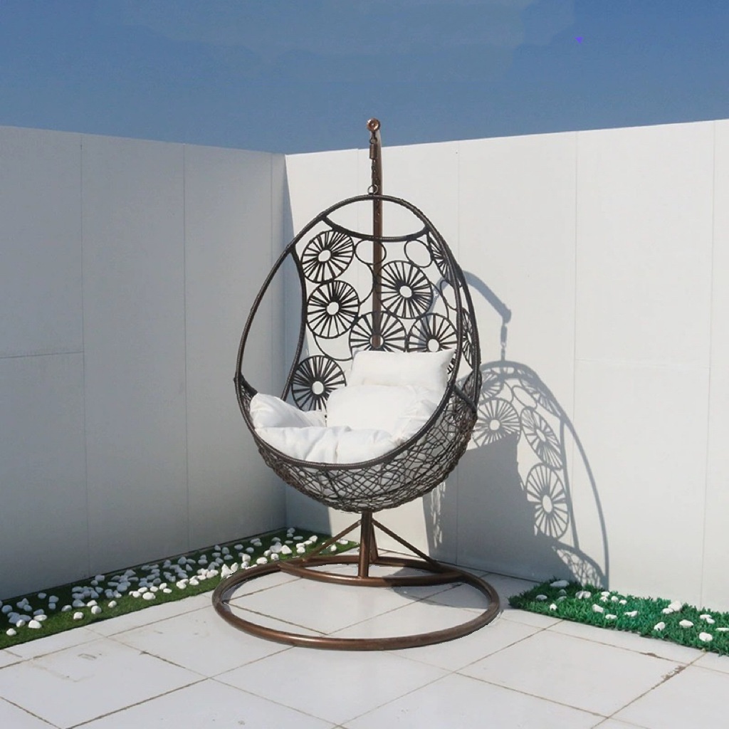 Pecan Finish Porch Swing with Stand, Alloy Frame, Upholstered Cushions, Chain and Stand Included