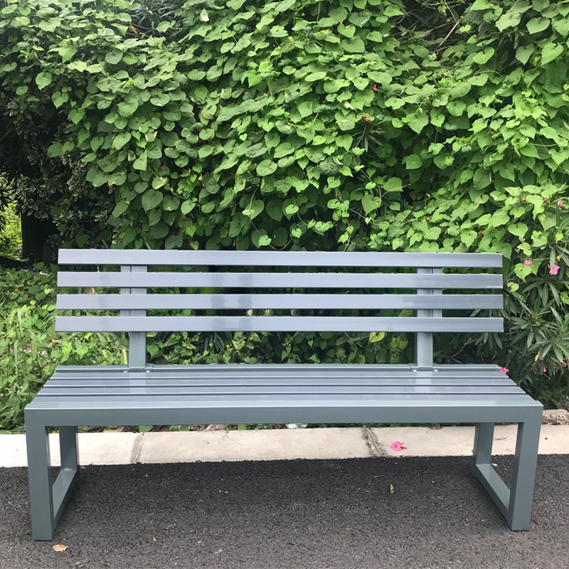 Simple Outdoor Bench in Light Gray/Light Blue/Multicolour with Back and Metal Frame