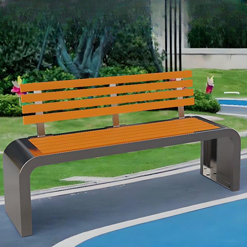 Simple Outdoor Bench with Back in Metallic Metal Frame