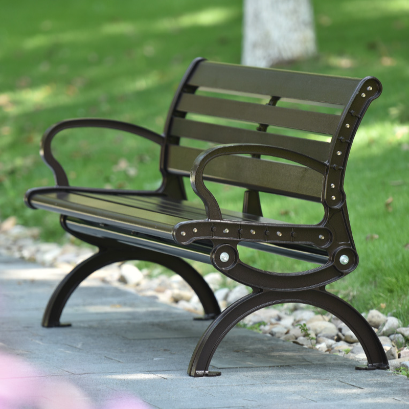 Simple Outdoor Bench with Alloy Pecan Finish, Featuring Back and Curved Arm