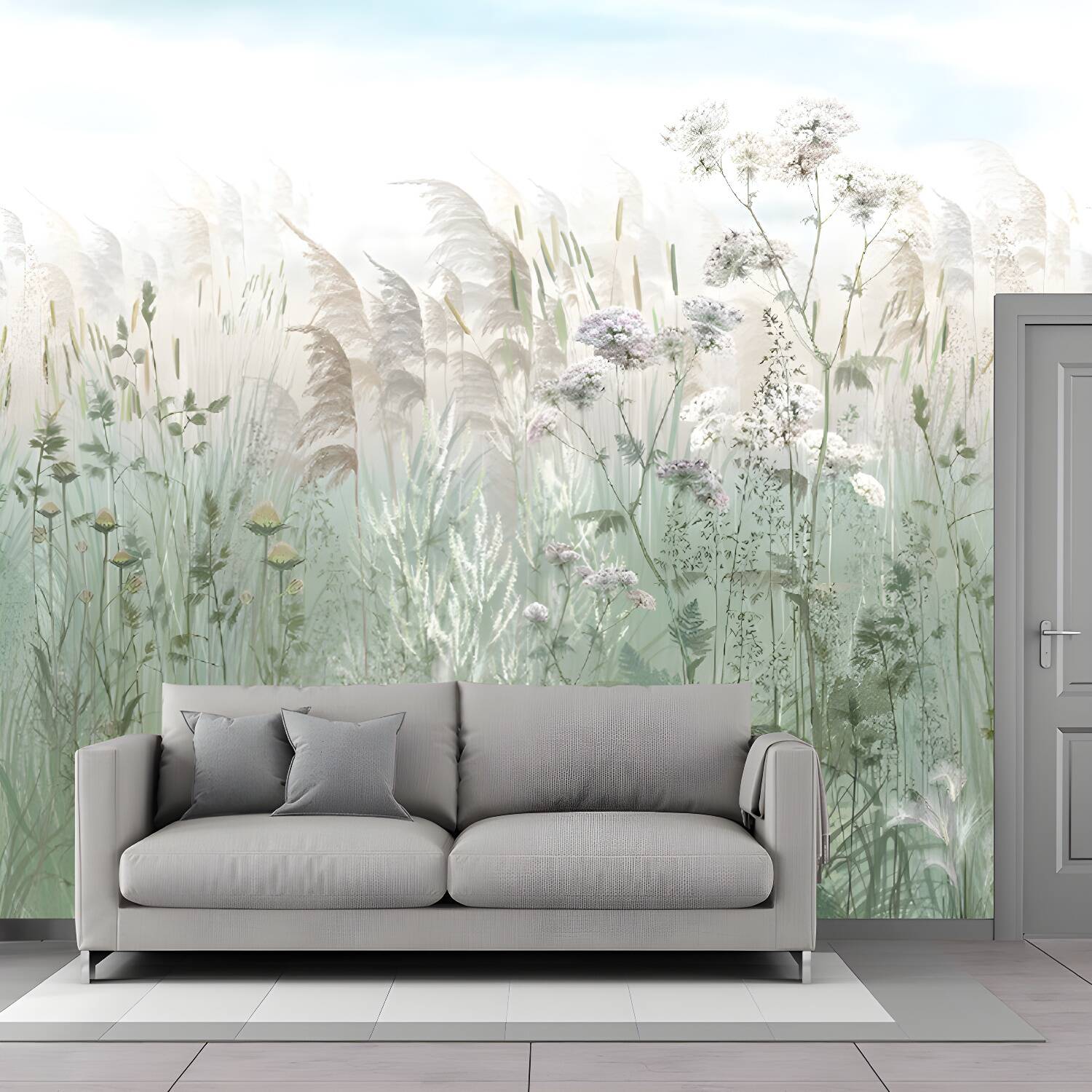 Reed Grass Plant Wall Murals Countryside Non-Woven Material Wall Covering in Grey-Green