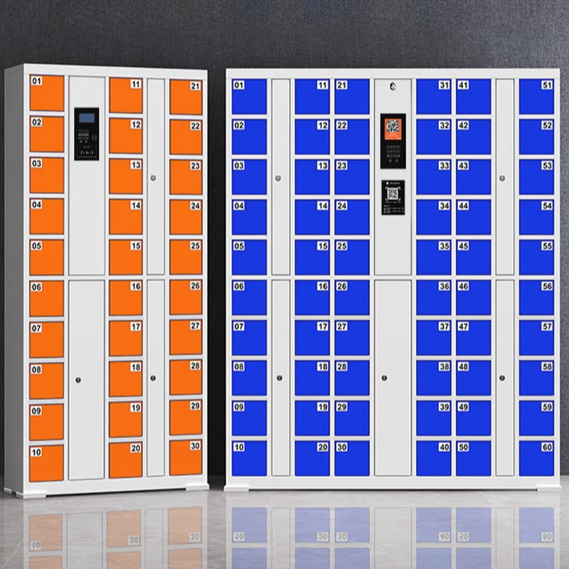 Light Blue/Light Green/Orange Contemporary Cell Phone Lockers with Personalization, 10 or More Compartments, 5-Wide or more/4-Wide/3-Wide, Lock, Name & Number Plate