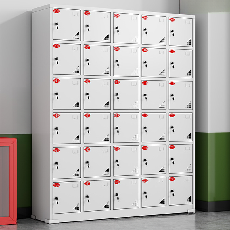 White Contemporary 3-tier/5-tier/4-layer Cell Phone Lockers with Ventilated Doors, 10 or More Compartments/Six Compartments/9 Compartments, 3-Wide/2-Wide/4-Wide, Lock Included