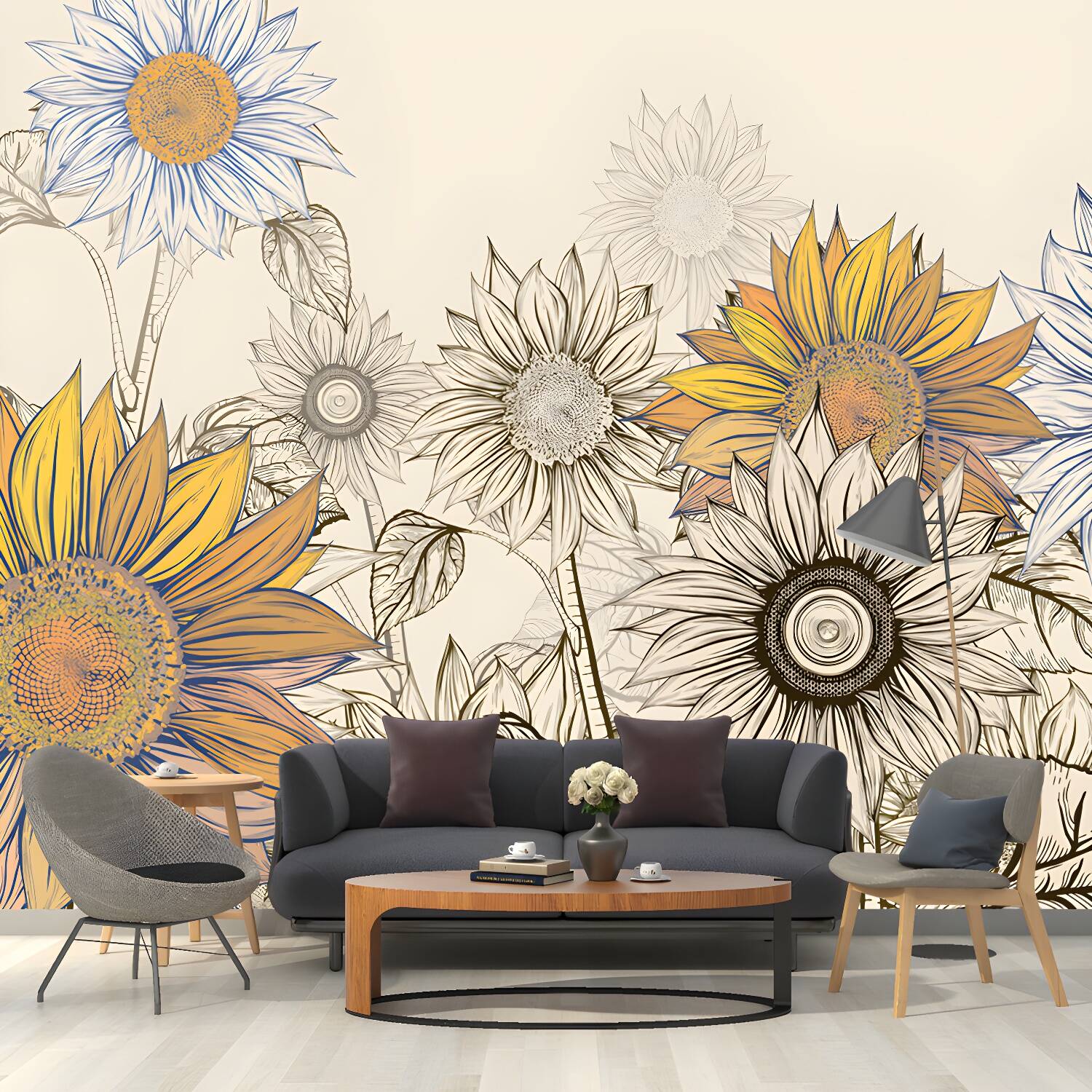 Modern Sketch Sunflower Mural Decal for Bedroom Personalized Wall Art in Yellow-Blue