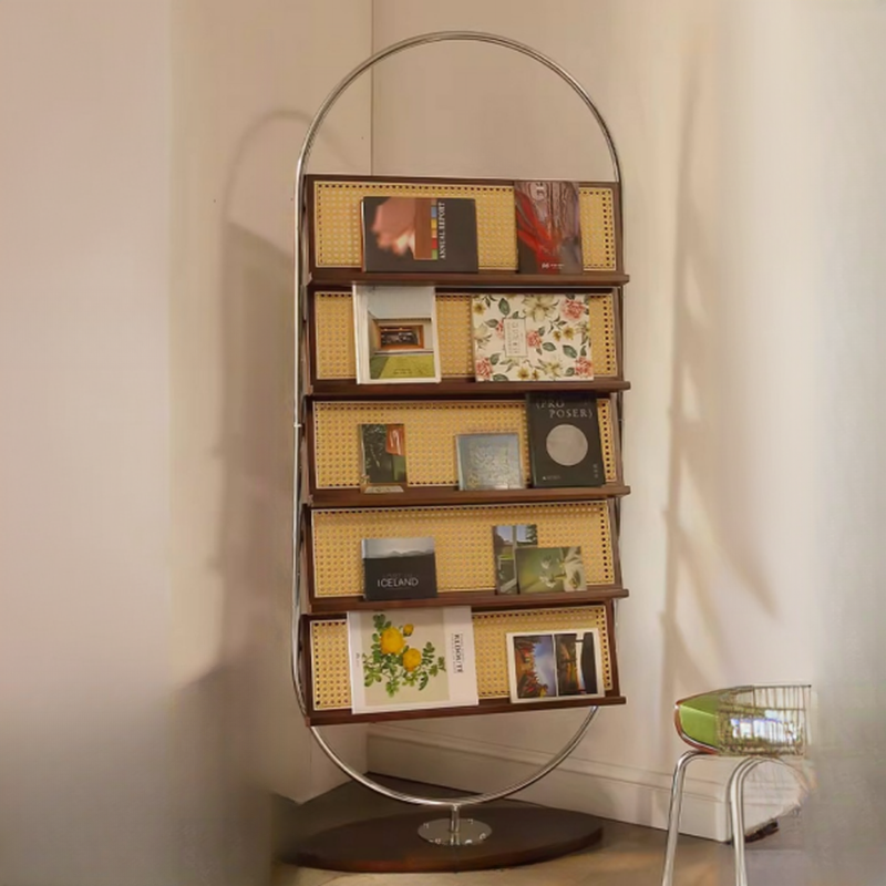 Art Deco Magazine Rack in Metal/Natural Wood, 15 in & Above Length, 10 in & Above Height with Shelves, Standalone