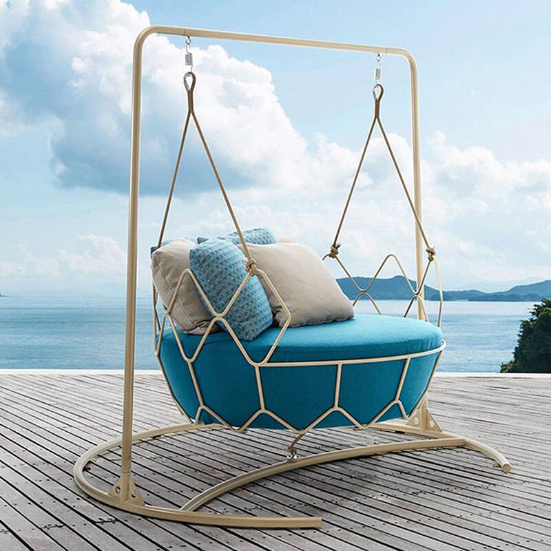 Cream Porch Swing with Stand for 2, Upholstered Cushions, and Stand