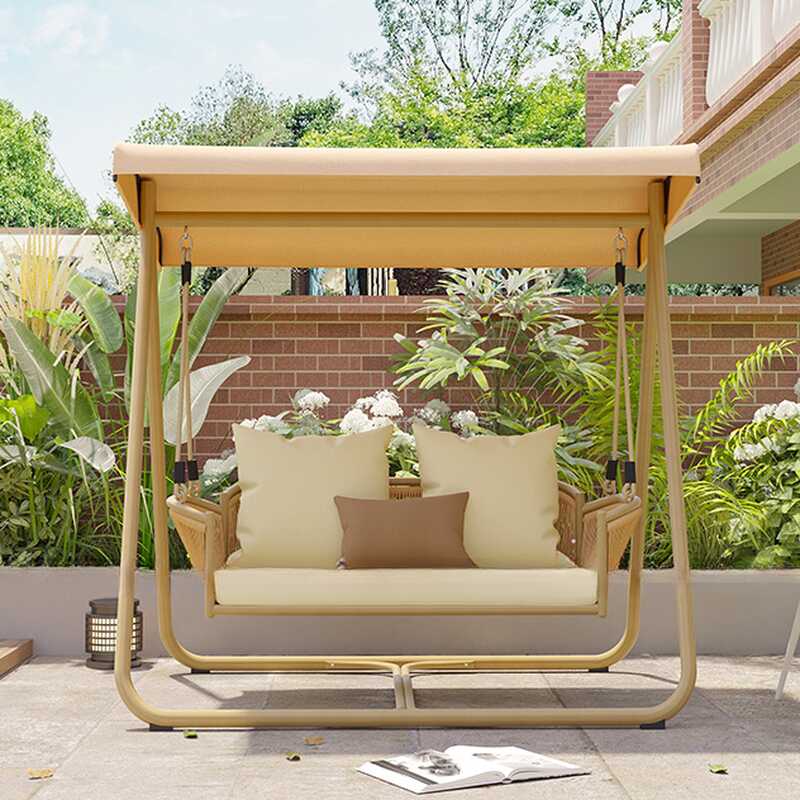 Light Brown/Wood Grain Porch Swing with Stand, Alloy Frame, Upholstered Cushions, Canopy and Stand Included