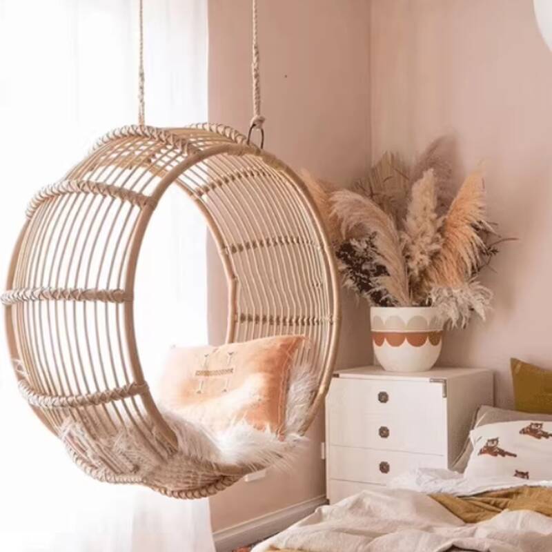 Tropical Light Yellow/Wood Grain Hanging Porch Swing, Alloy Frame, Upholstered Cushions