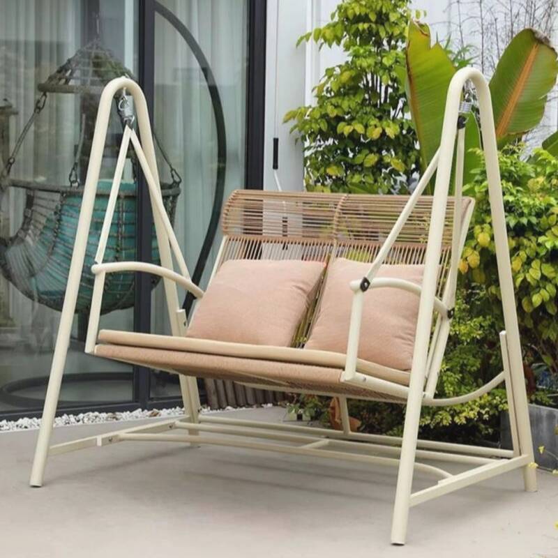 Beige/Light Yellow Porch Swing with Stand for 2, Alloy Frame, Upholstered Cushions, Stand Included
