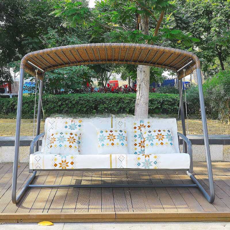 Dove Grey Porch Swing with Stand for 3, Alloy Frame, Upholstered with Canopy and Stand