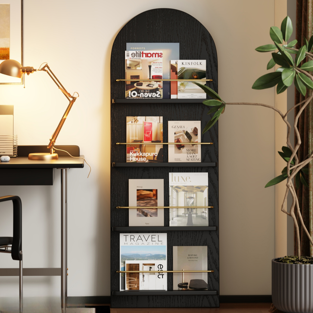 Art Deco Magazine Rack in Solid Wood, 15 in & Above Length, 10 in & Above Height, Includes Shelves, Standalone