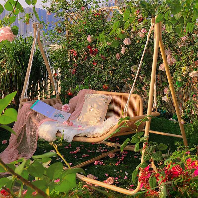 Beige Porch Swing with Stand for 2, Alloy Frame, Upholstered Cushions, and Stand