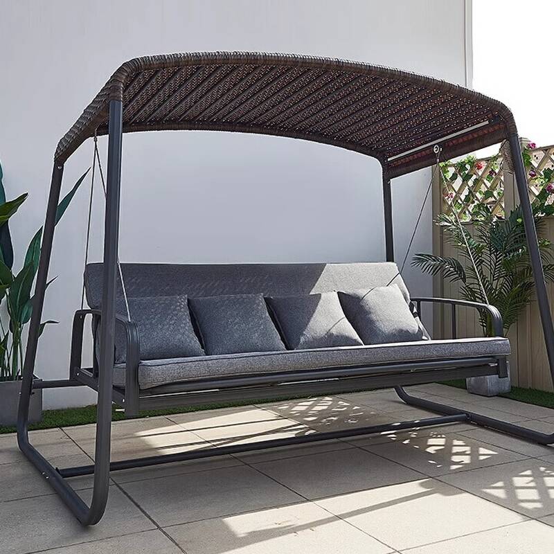 Light Gray Aluminum Porch Swing with Stand for 3, Upholstered with Canopy and Stand