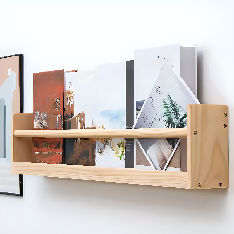 Art Deco Solid Wood Magazine Rack in Unfinished Colour, Wall-mounted with Shelves, 15 in & Above Length, 10 in & Above/4 To 6.9 in Height