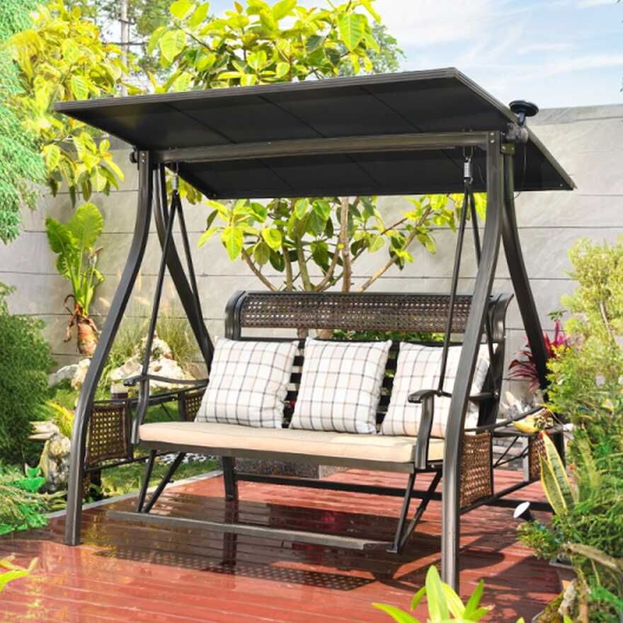 Water-resistant Alloy Porch Swing with Stand, Upholstered Cushions, Canopy, and Stand