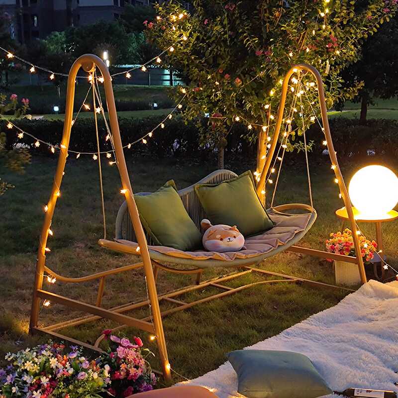 Light Brown Alloy Porch Swing with Stand for 3, Upholstered Cushions, and Stand