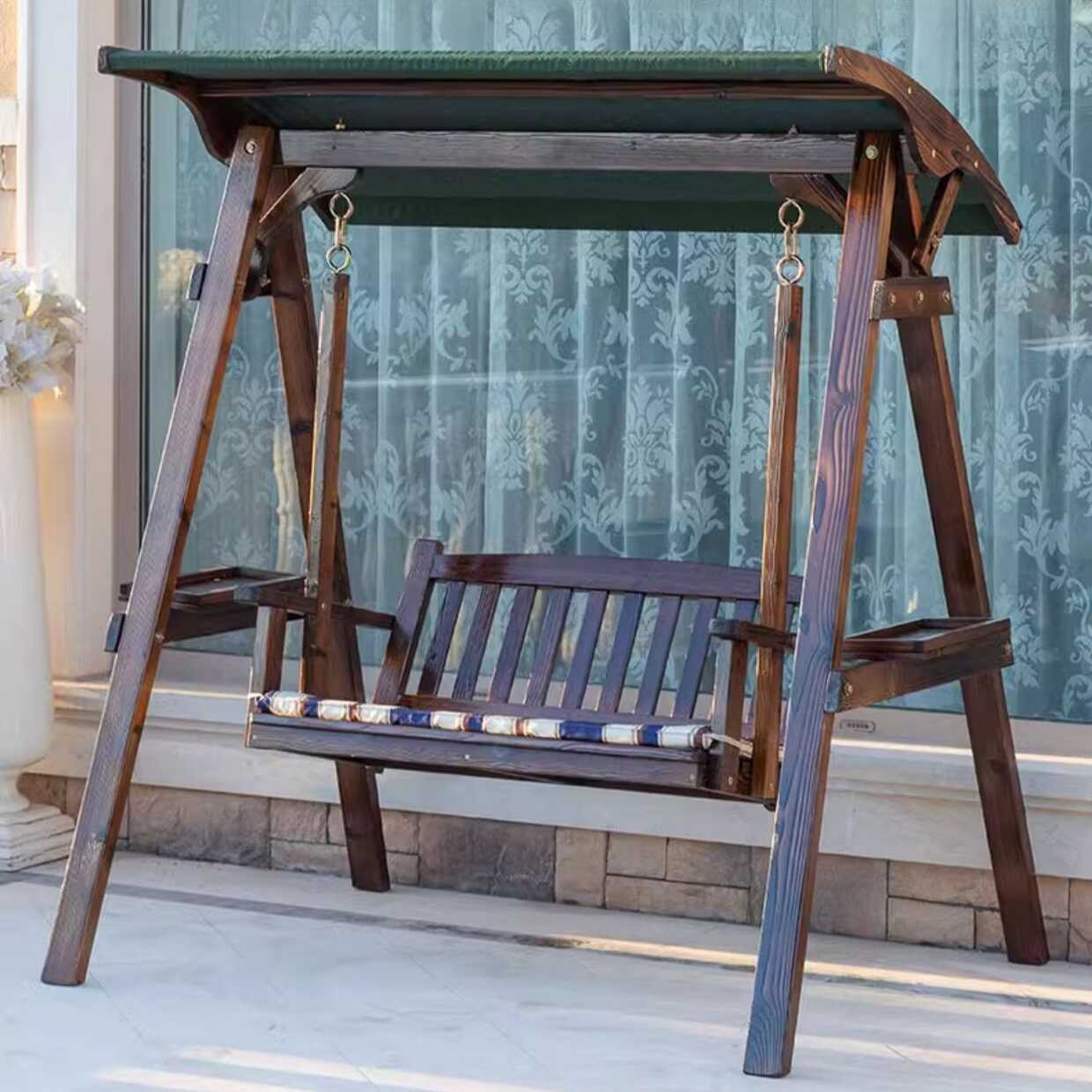 Pecan Porch Swing with Stand for 3/Seating for 2, Laminate Frame, Chain and Canopy Included with Stand