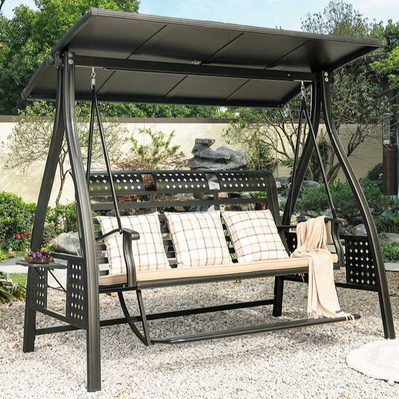 Gunmetal Alloy Porch Swing with Stand for 3, Water-resistant with Upholstered Cushions, Canopy, and Stand