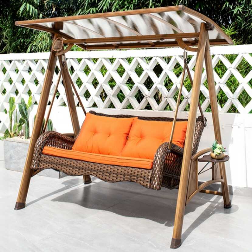 Pecan Finish Porch Swing with Stand, Aluminum Frame, Upholstered Cushions, Canopy and Stand Included