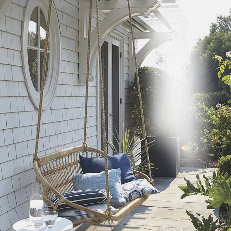 Tropical Wood Grain Hanging Porch Swing for 2 with Cane Frame and Upholstered Cushions