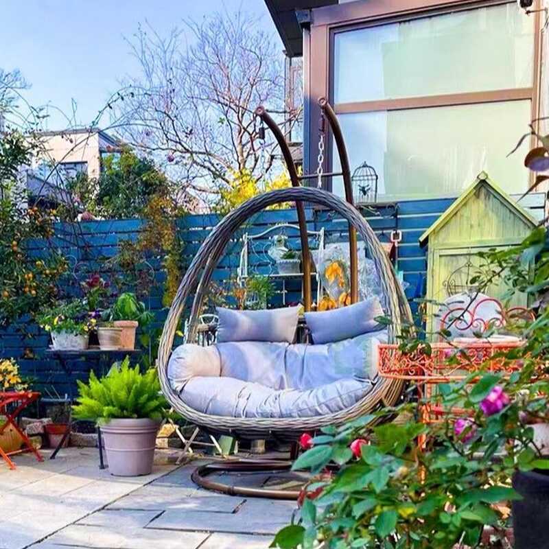 Tropical Pecan Porch Swing with Stand, Alloy Frame, Upholstered Cushions, Chain, and Stand