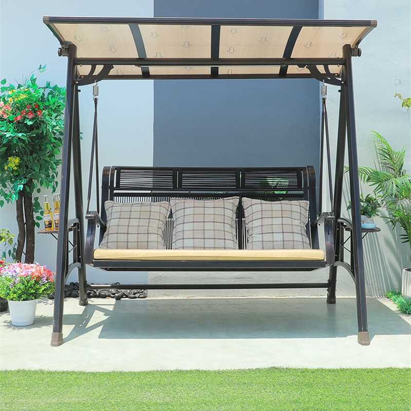 Porch Swing with Stand for 3, Aluminum Frame, Upholstered Cushions, Canopy, and Stand