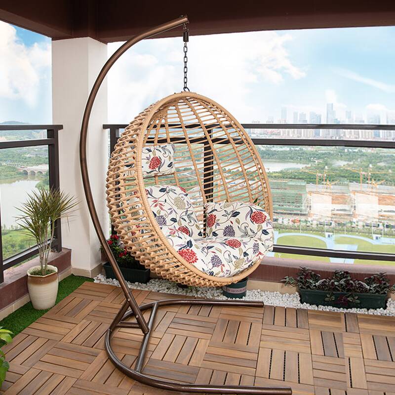 Pecan Alloy Porch Swing with Stand, Upholstered Cushions, Chain, and Stand