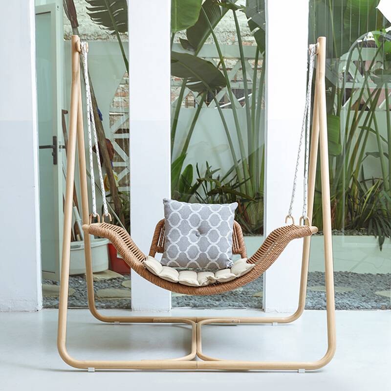Beige Steel Porch Swing with Stand for 2, Featuring Upholstered Cushions and Stand