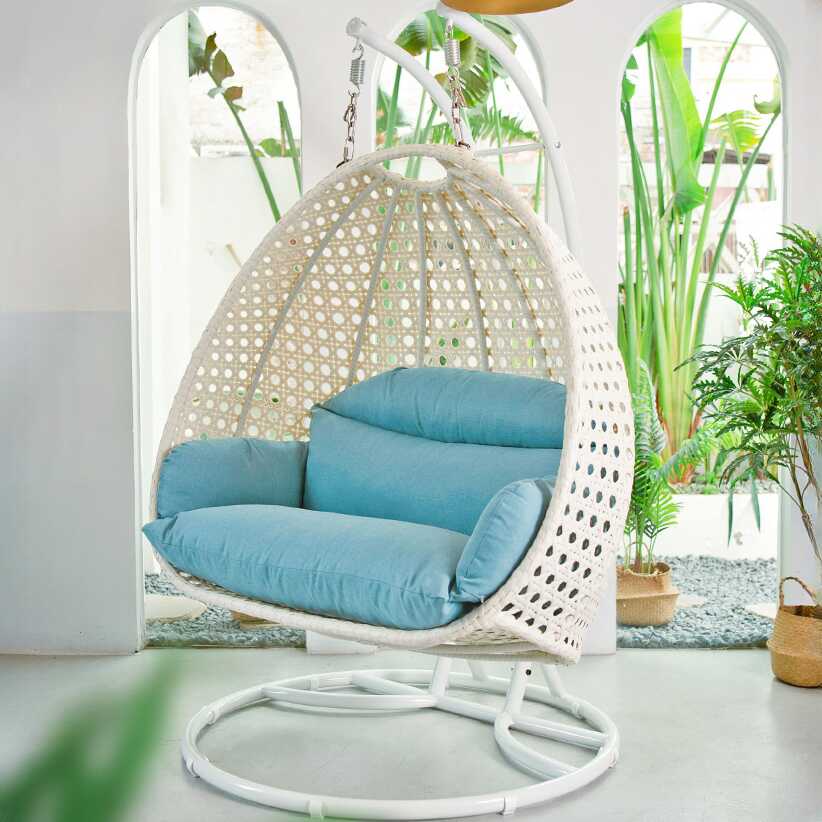Tropical Pecan Porch Swing with Stand for 2, Aluminum Frame, Upholstered Cushions, Chain, and Stand