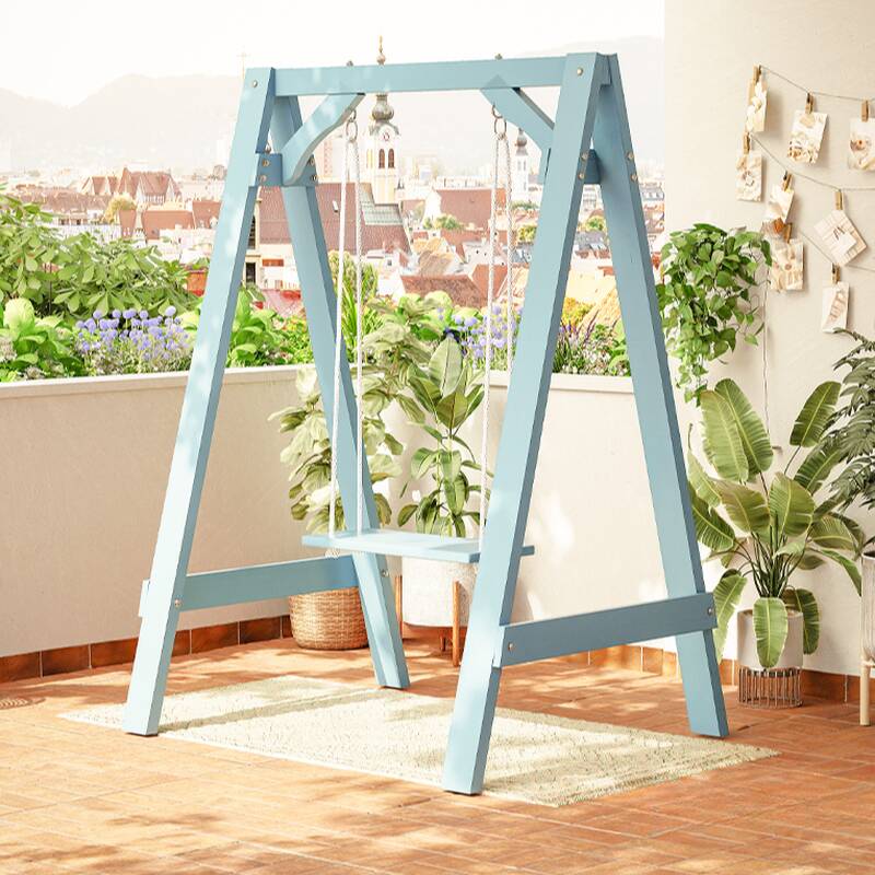 Light Blue/Sepia/Light Yellow Wooden Porch Swing with Stand, Complete with Chain and Stand