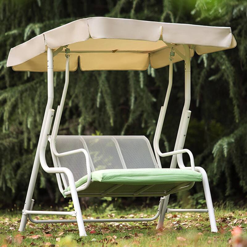 Light Green Porch Swing with Stand for 2, Water-resistant Alloy with Upholstered Cushions, Canopy and Stand Included