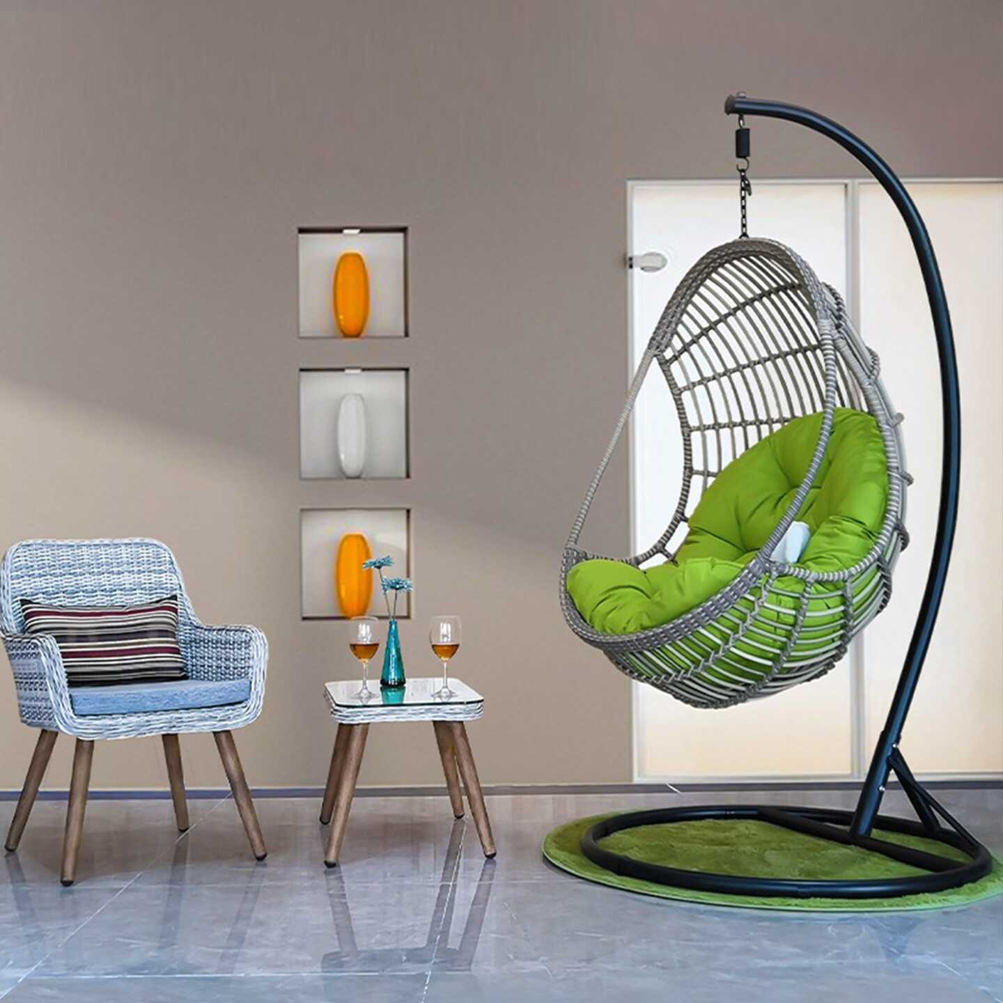 Alloy Porch Swing with Stand, Upholstered Cushions, Chain, and Stand