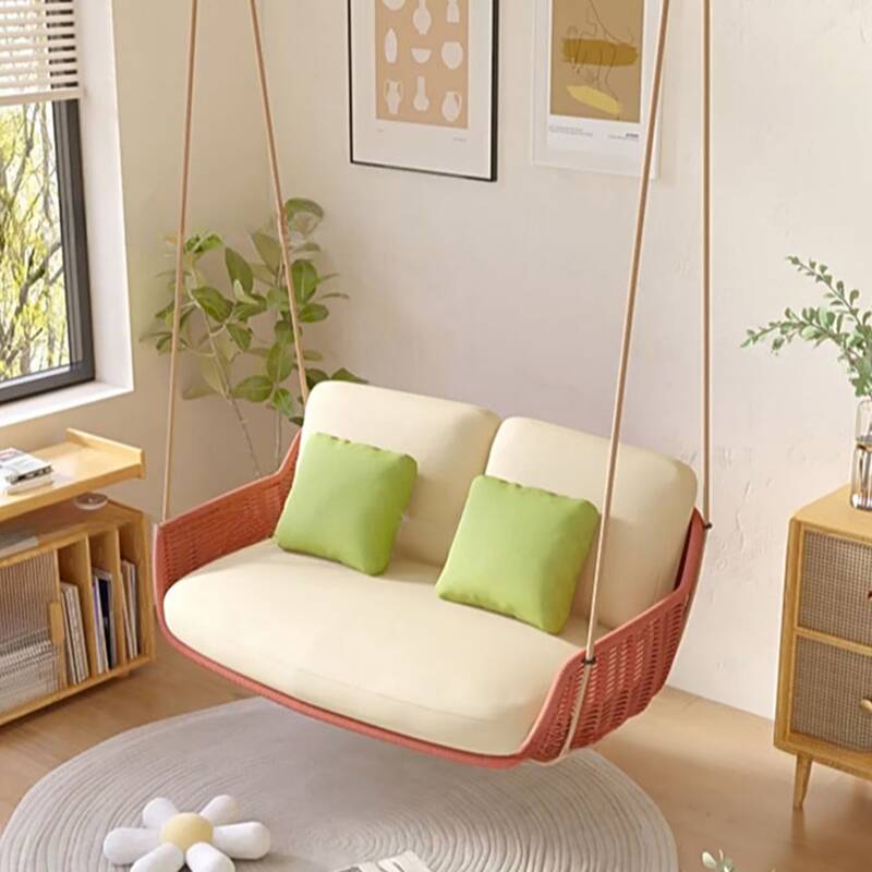 Light Gray/Salmon/Wood Grain Hanging Porch Swing for 2, Water-resistant Alloy with Upholstered Cushions